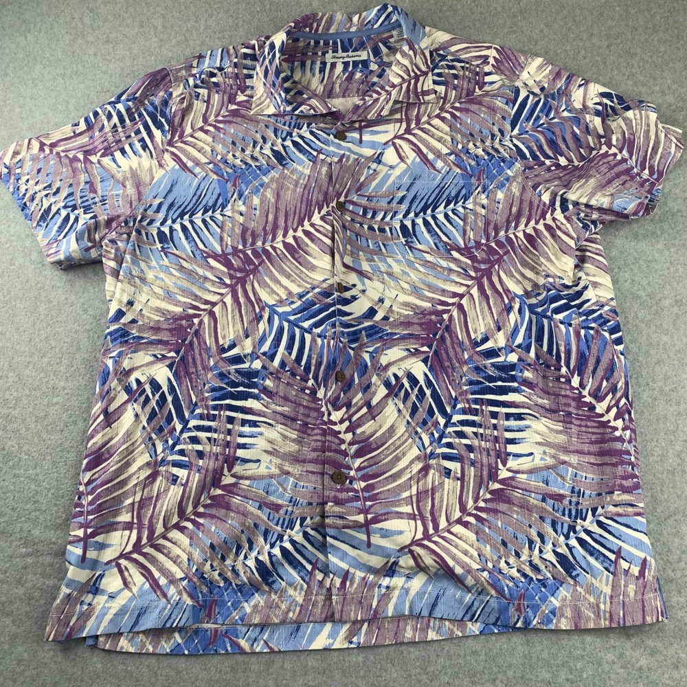 Tommy Bahama Button Up Shirt Mens XXL Purple Blue Tropical Palm Leaf Camp Shirt